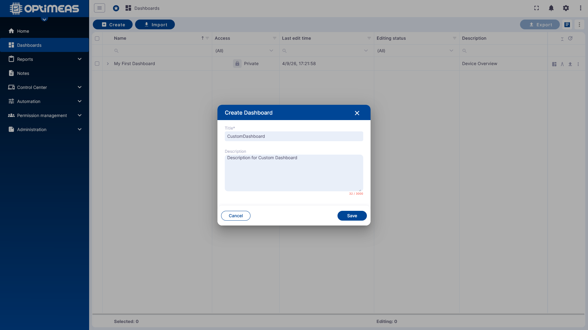 Neues Dashboard anlegen