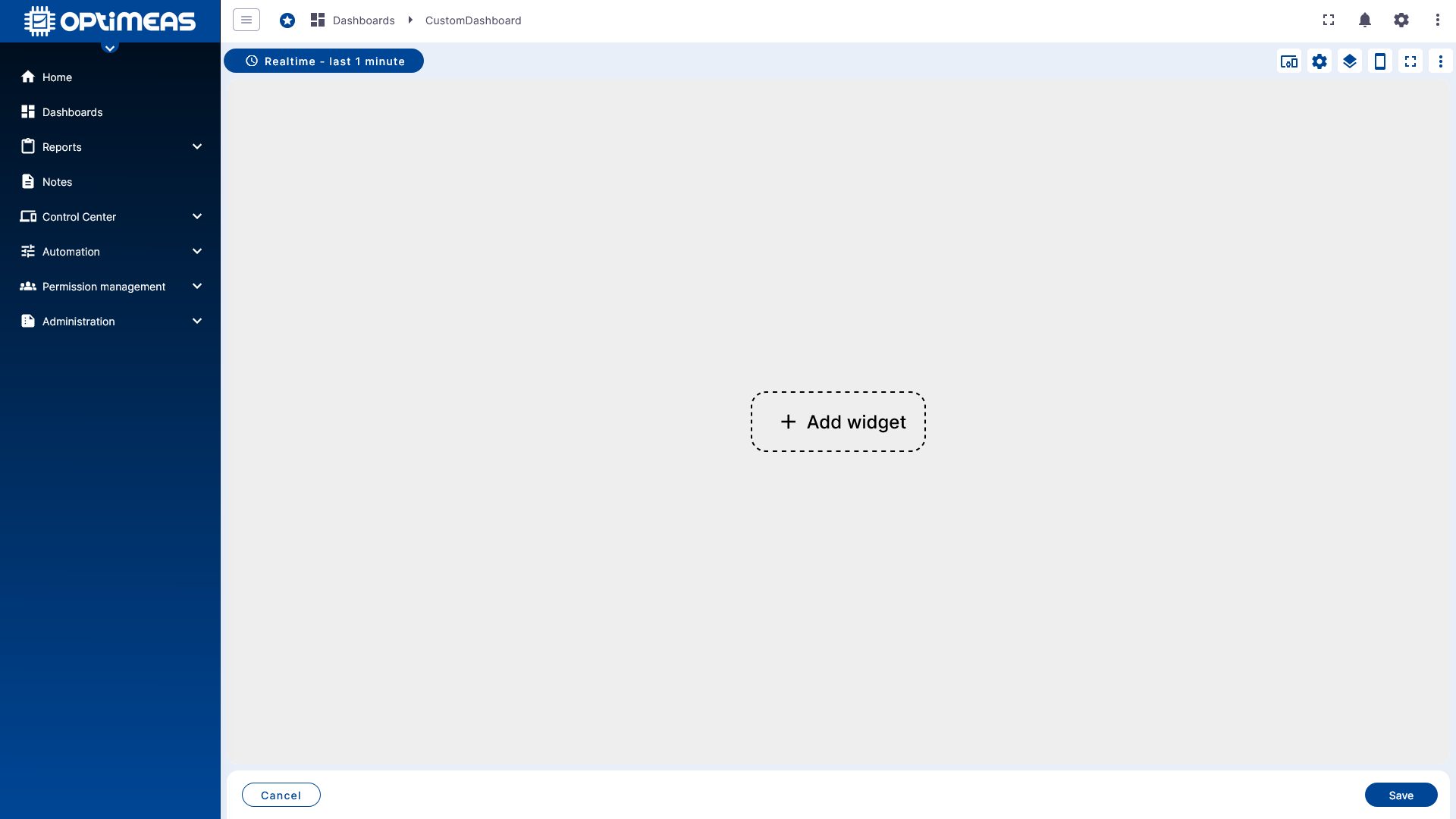 Leeres Dashboard nach dem Anlegen
