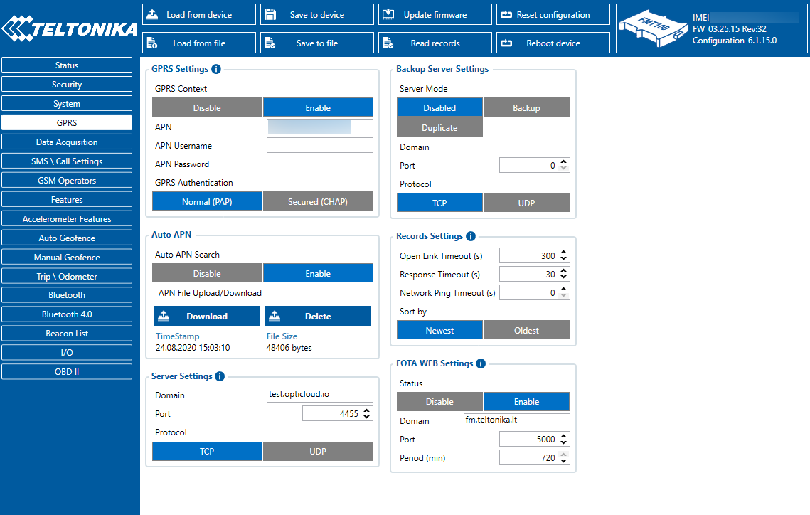 Example of GPRS and server settings in the Teltonika Configurator