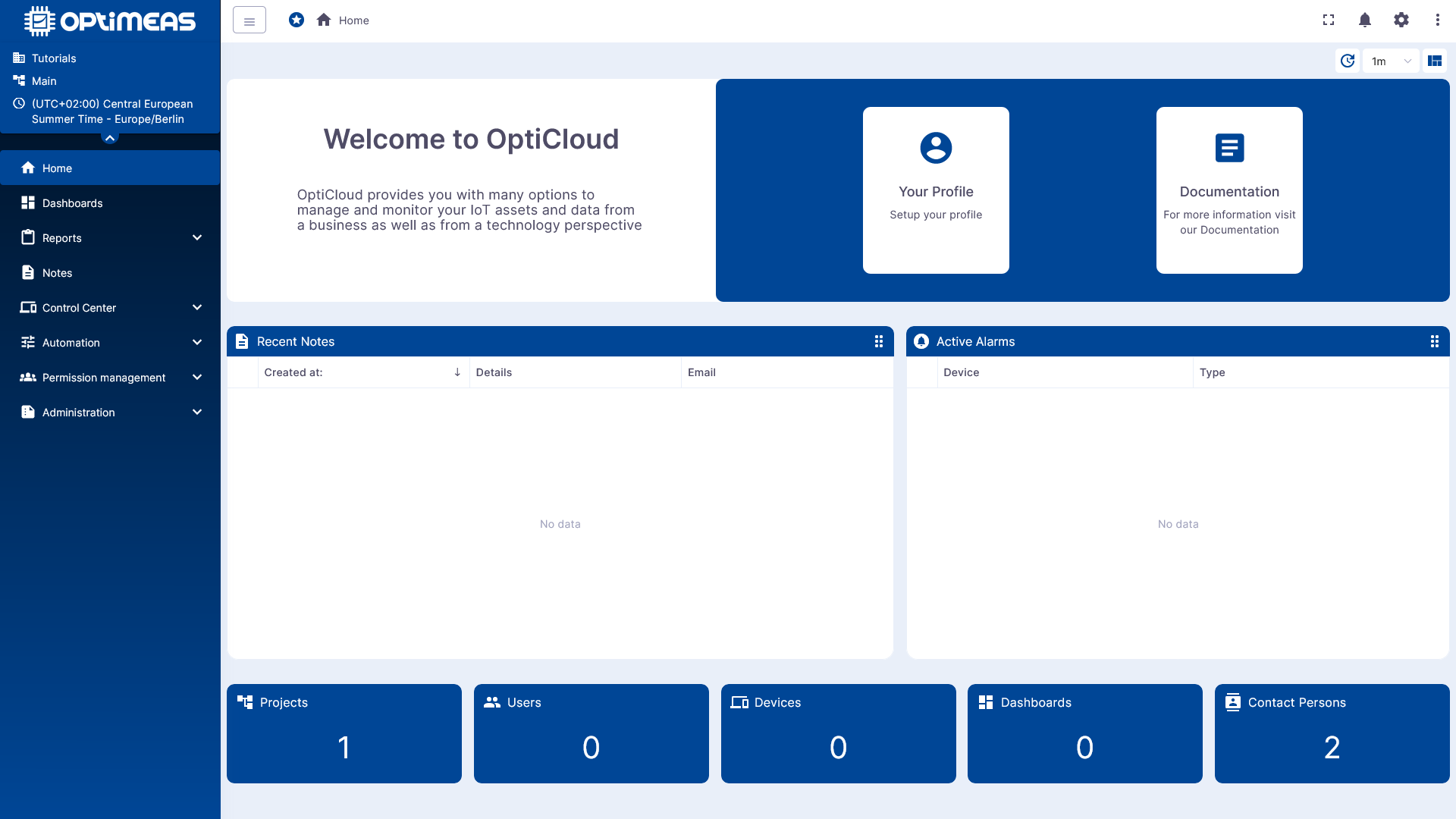 Example view of the Home page in optiCLOUD