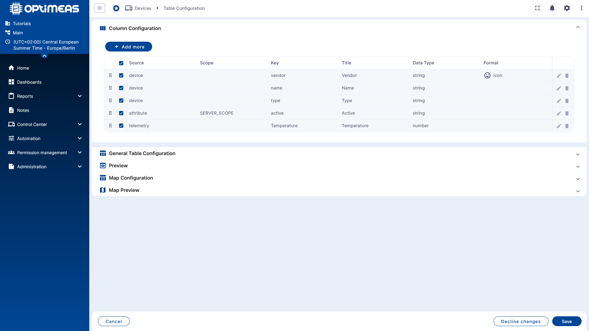 Configure columns