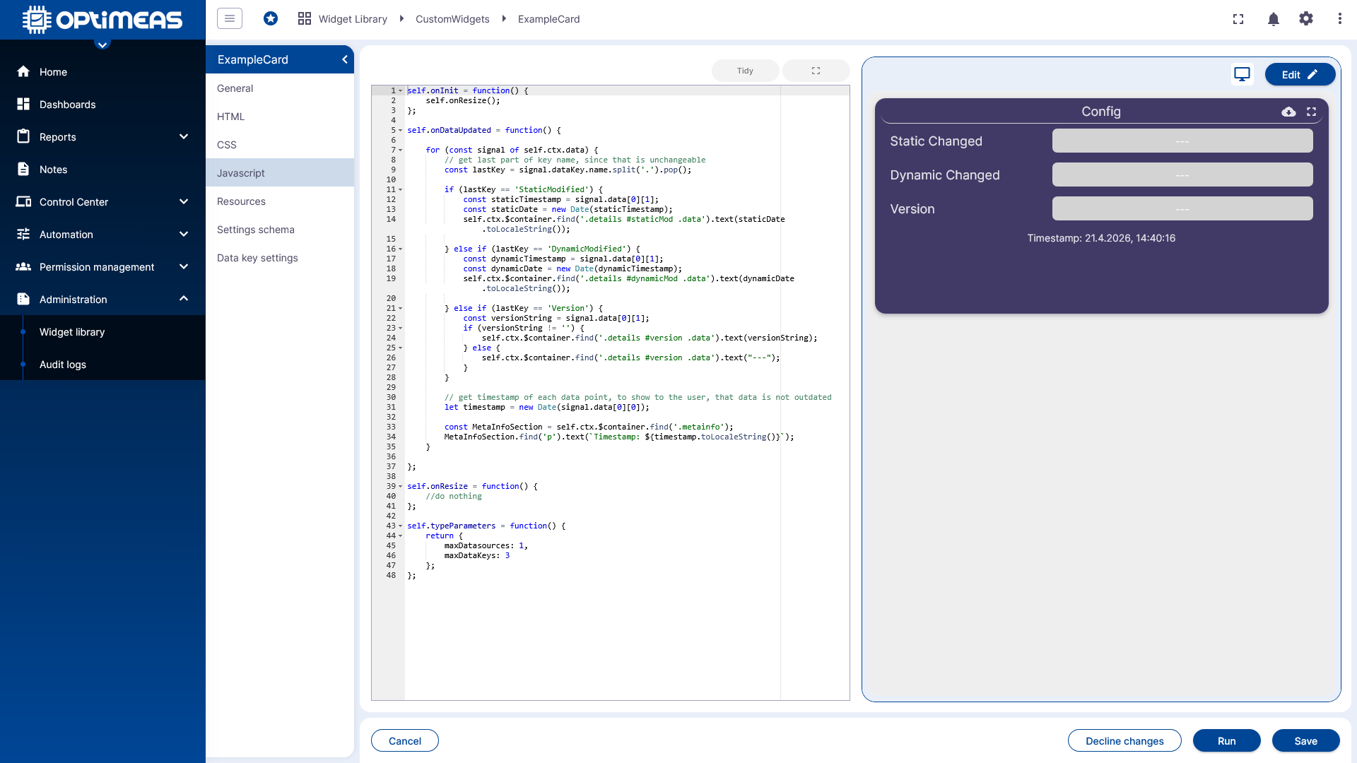 JavaScript in the Widget Editor