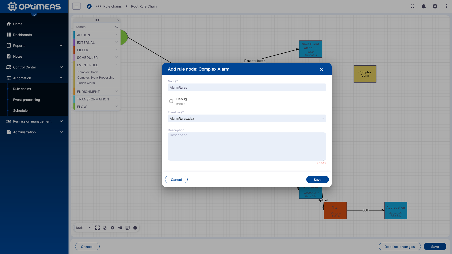 Insert Complex Alarm node into the Root Rule Chain