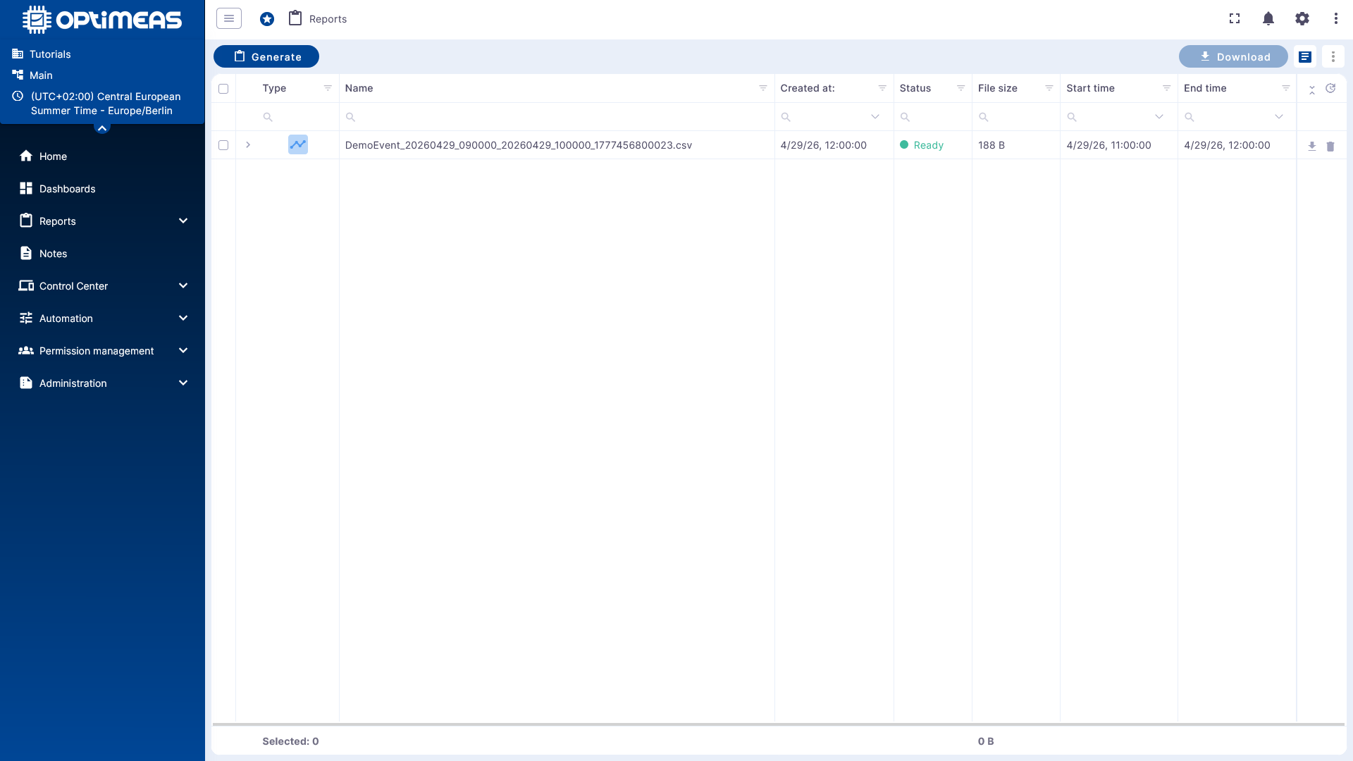 Automatically generated report in the Reports section
