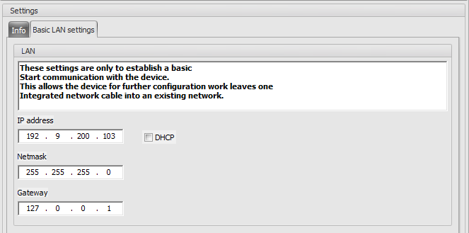 Network settings of the device